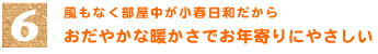 6．風もなく部屋中が小春日和だから　「おだやかな暖かさでお年寄りにやさしい」